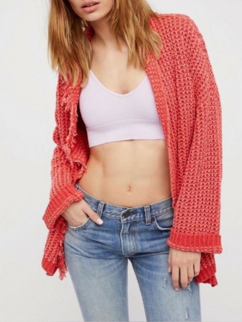 Free People Womens I’ll Be Around Chunky Knit Cardigan Pink Coral Women’s XS